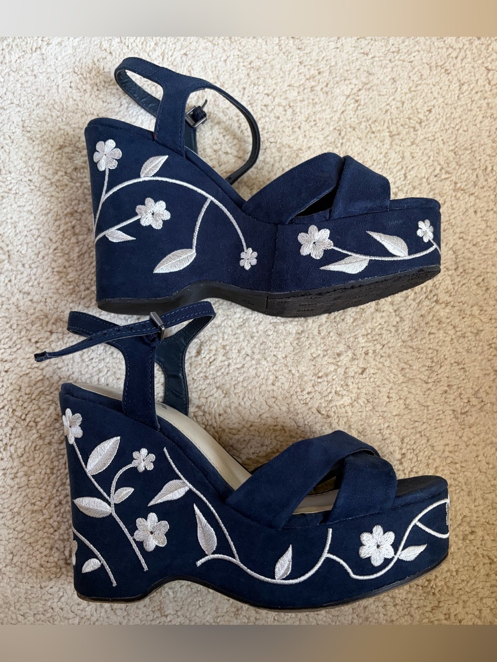 Navy Floral Embroidered Wedge Sandals - Picture 2 of 7
